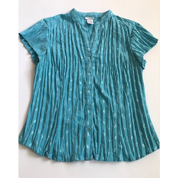 East 5th Women’s Teal Button Down Short Sleeve Top MP - Picture 4 of 7